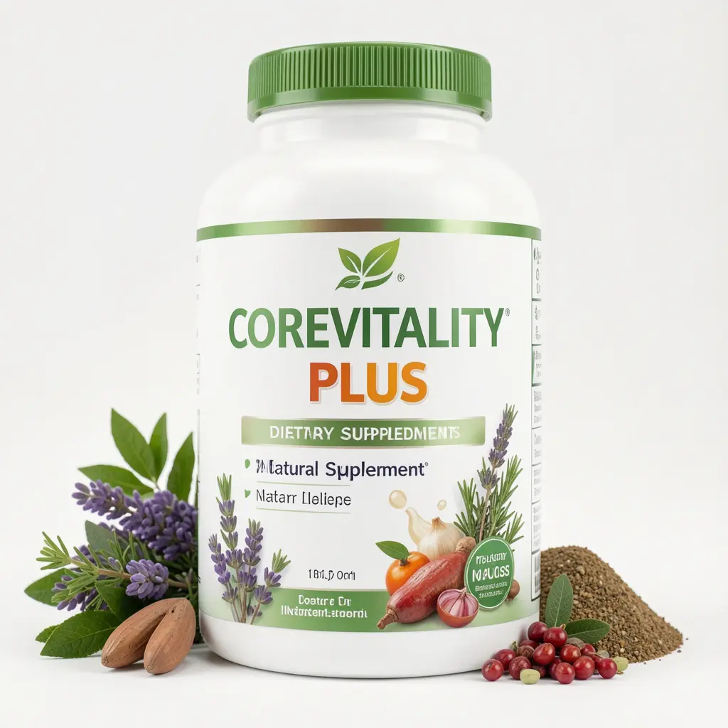 CoreVitality Plus dietary supplement bottle with natural ingredients